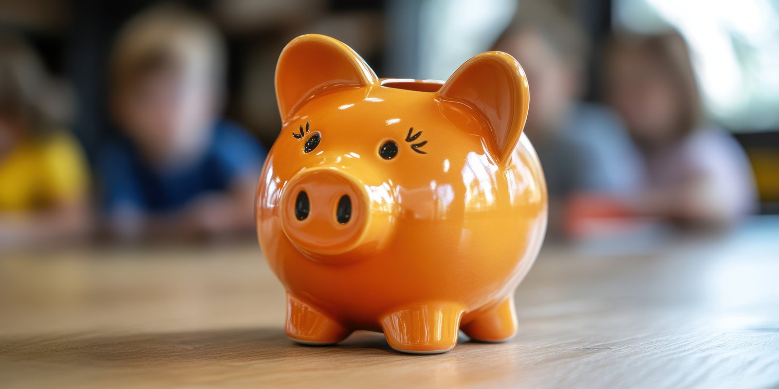 Bright orange piggy bank sits on a table during a children's financial literacy workshop